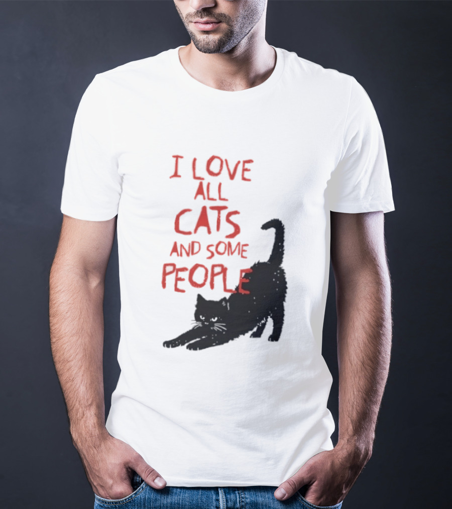 I Love All Cats And Some People Funny Cat Lovers Stretching Black Cat T-Shirt