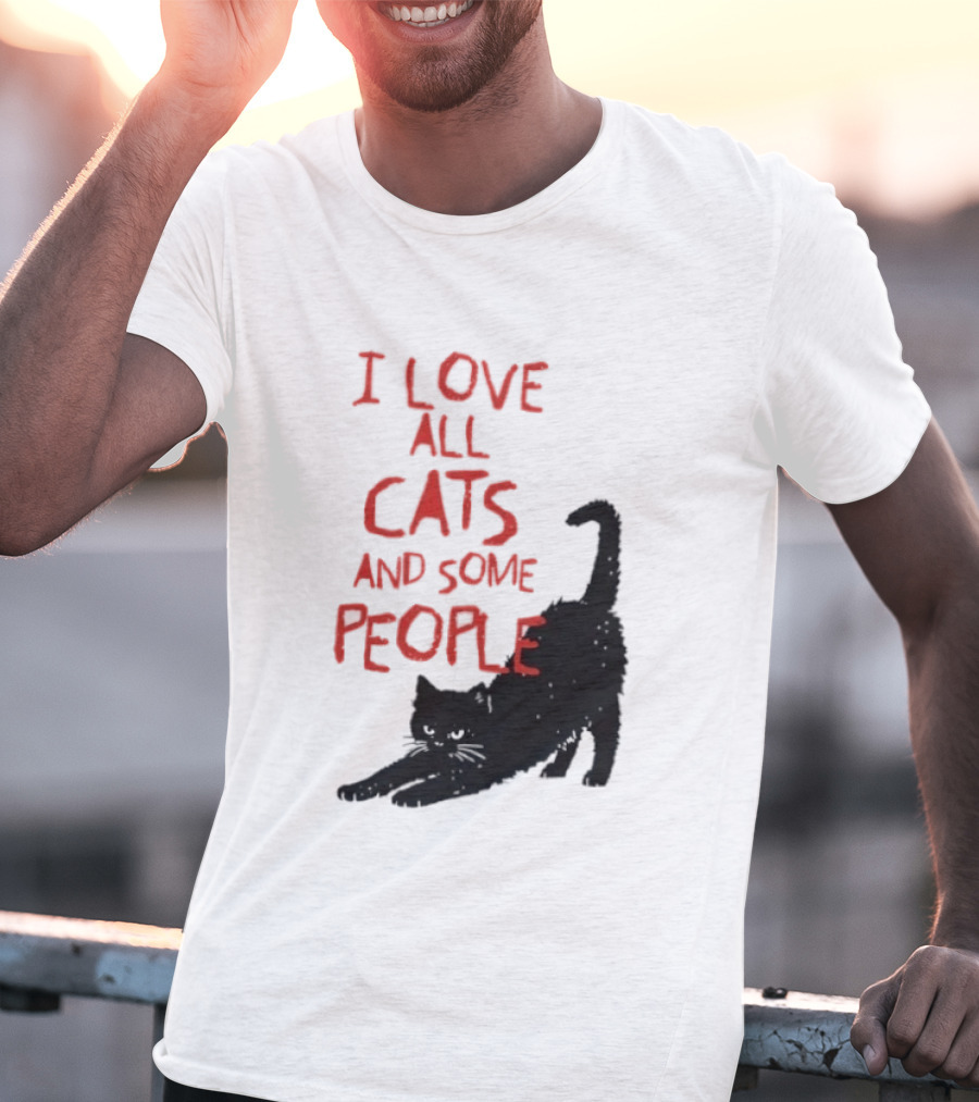 I Love All Cats And Some People Funny Cat Lovers Stretching Black Cat T-Shirt