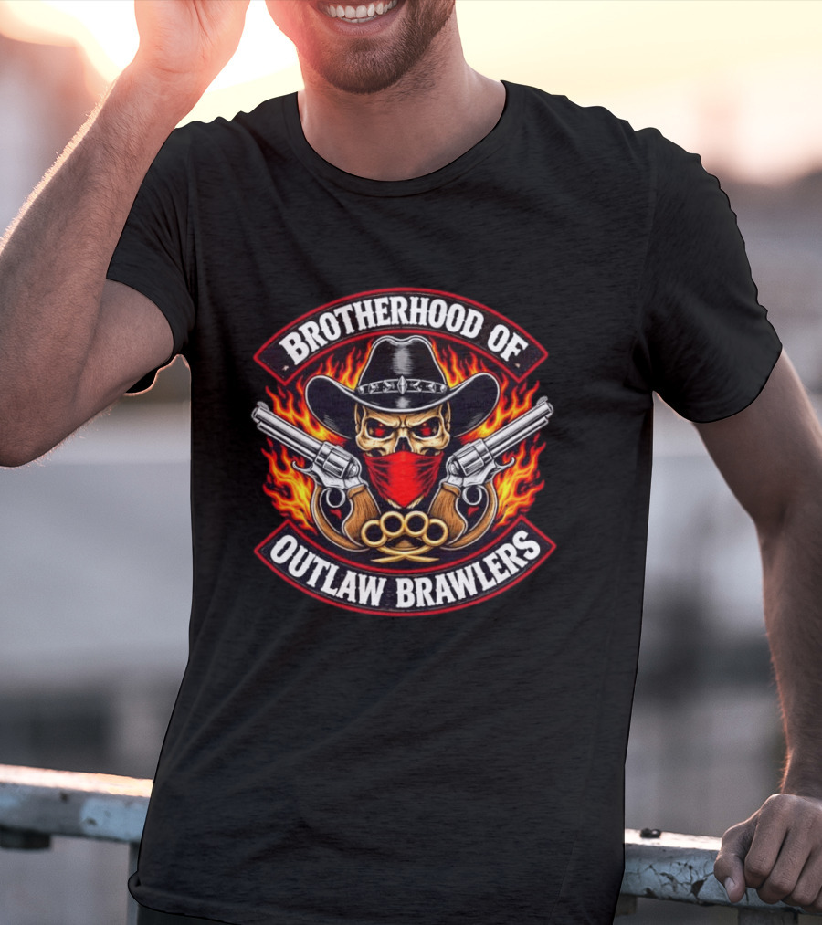 Brotherhood Of Outlaw Brawlers Skull Cowboy With Guns And Brass Knuckles Fiery Badass Wild West T-Shirt
