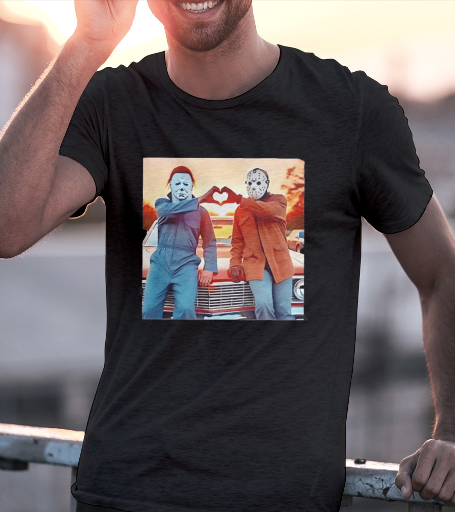 Jason Voorhees Michael Myers Heart Sign Halloween Retro Car Sunset T-Shirt