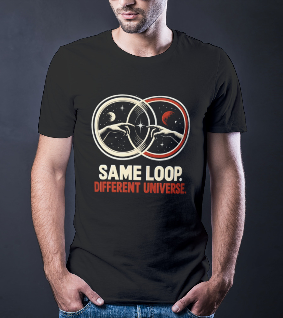 Same Loop Different Universe Intersecting Circles Two Hands Touching Lunar And Starry Night T-Shirt