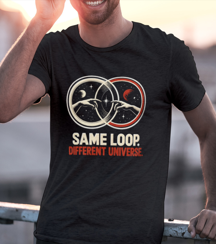 Same Loop Different Universe Intersecting Circles Two Hands Touching Lunar And Starry Night T-Shirt