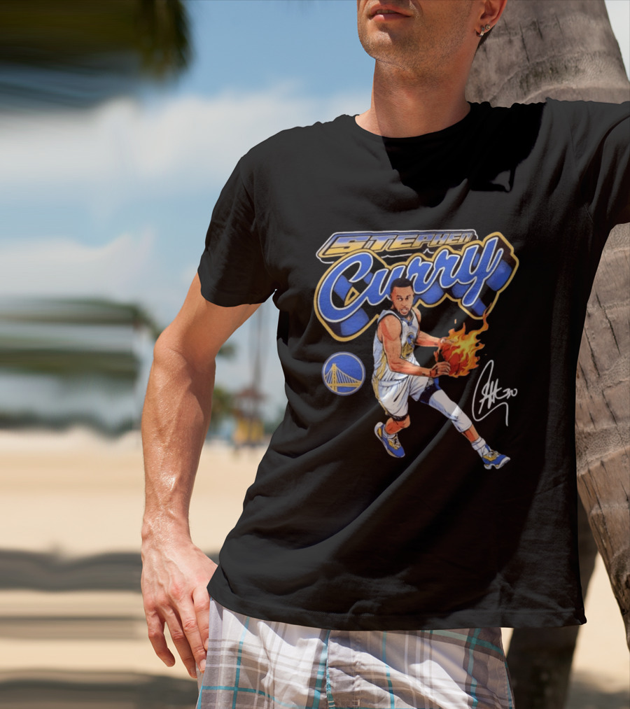 Stephen Curry Golden State Warriors Basketball Player With Flame Ball And Signature T-Shirt