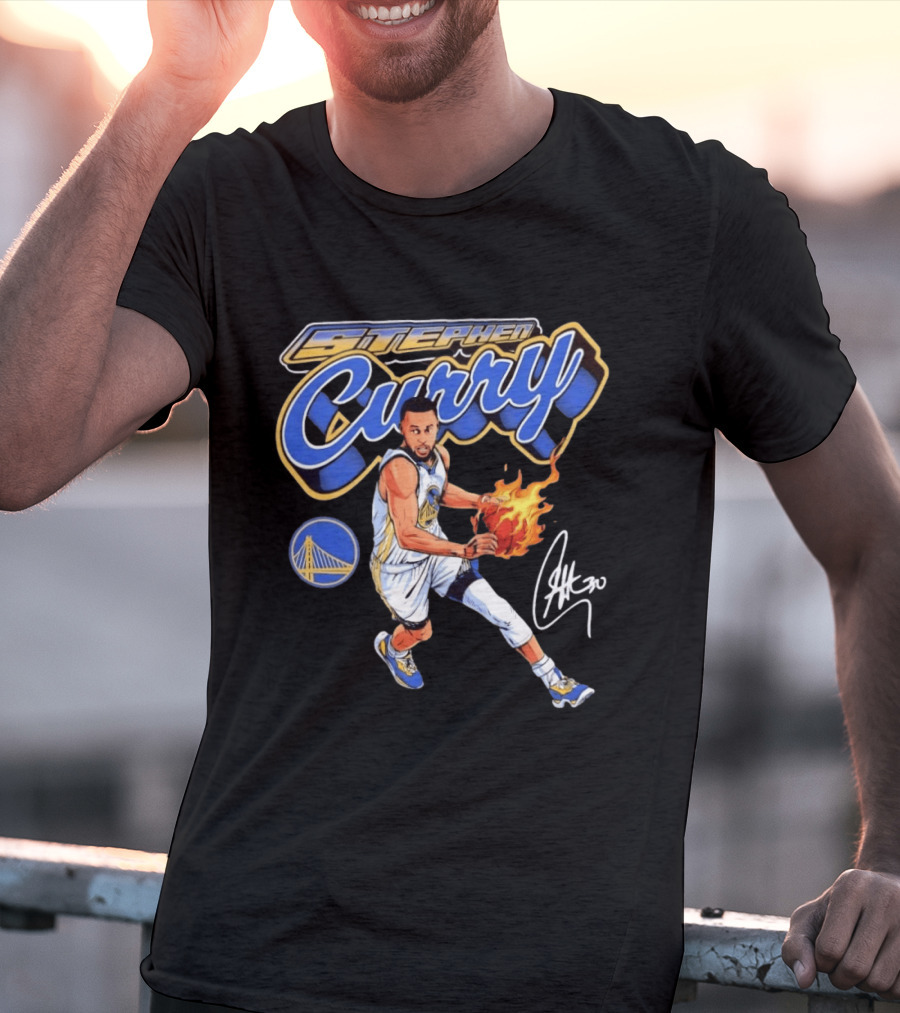 Stephen Curry Golden State Warriors Basketball Player With Flame Ball And Signature T-Shirt
