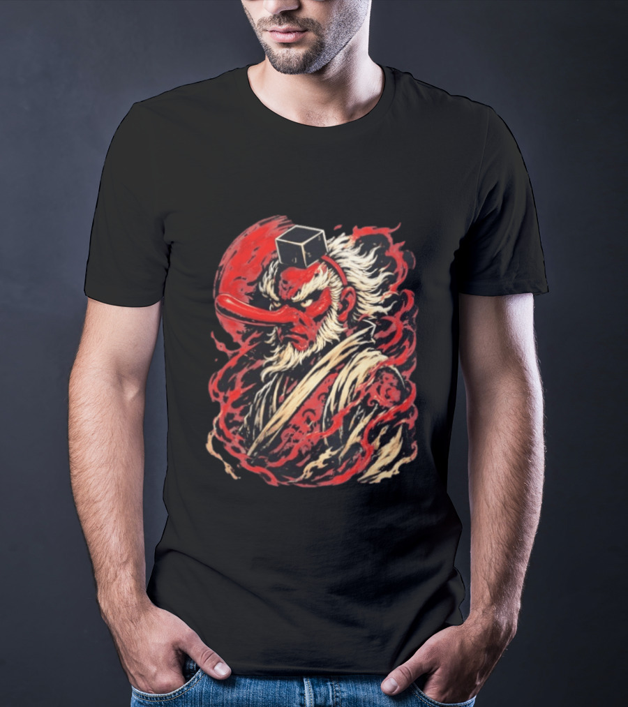 Tengu Japanese Warrior Spirit Mask Mythical Yokai Flame Aura T-Shirt