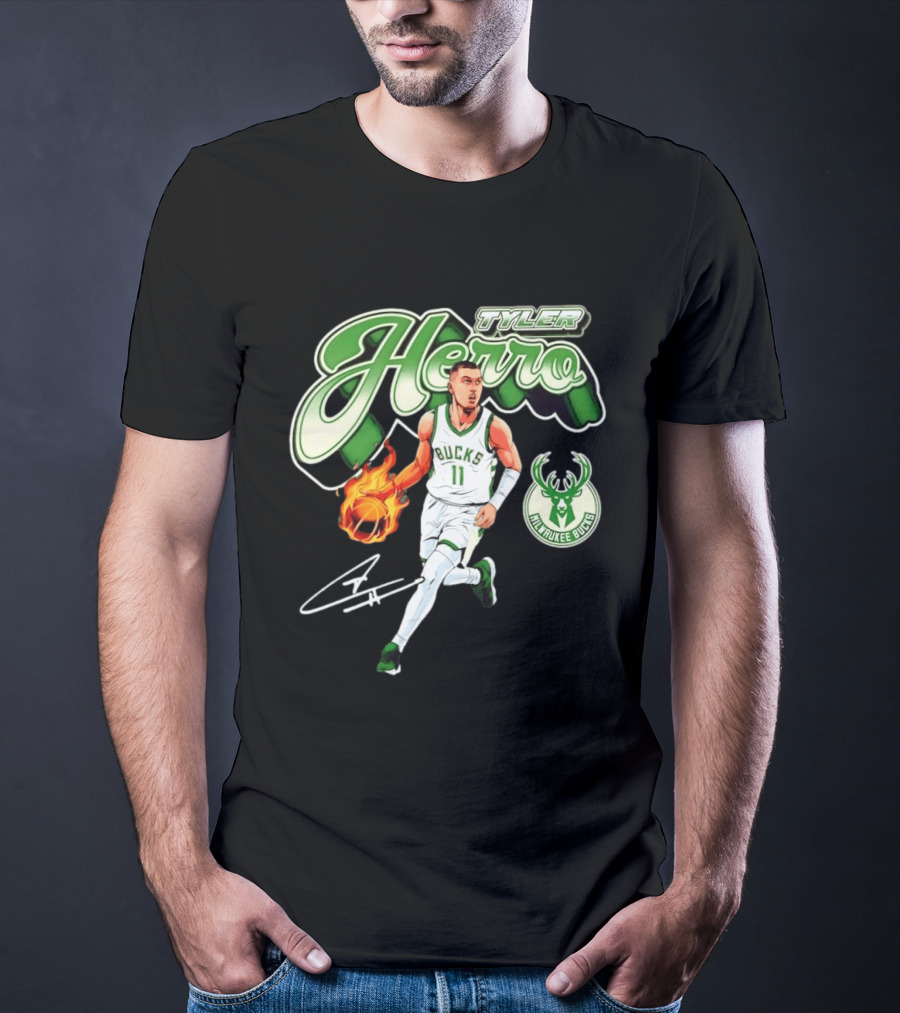 Tyler Herro Milwaukee Bucks Basketball Fireball Cursive Script T-Shirt