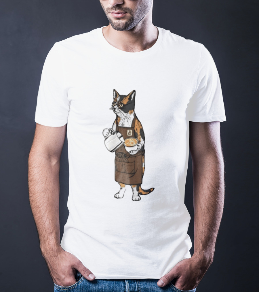 Cat Wearing Glasses And Apron Pouring Latte Art Coffee T-Shirt