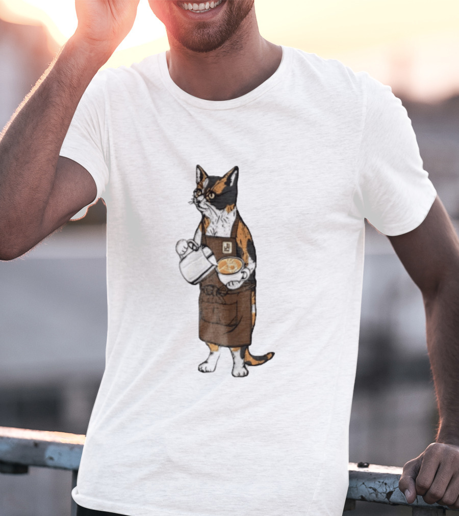 Cat Wearing Glasses And Apron Pouring Latte Art Coffee T-Shirt