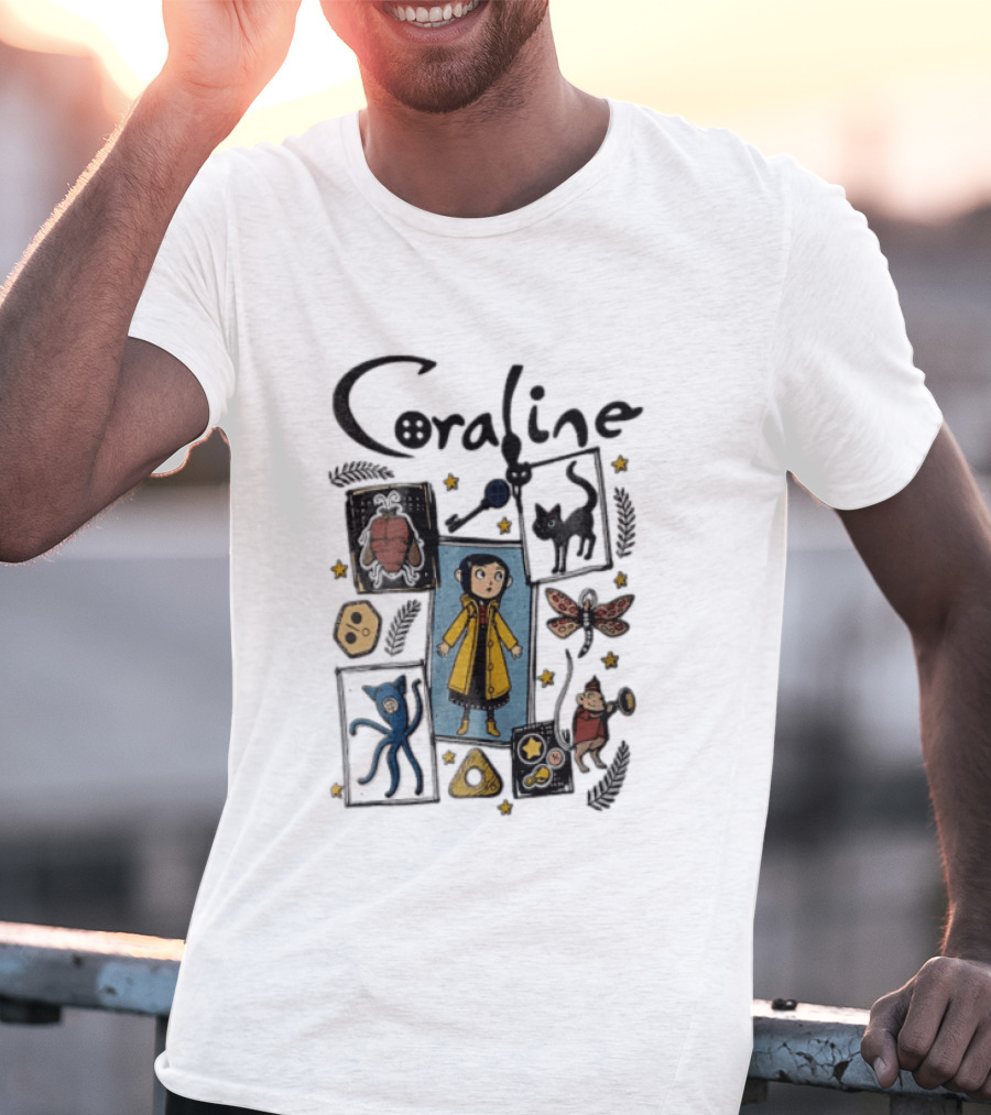 Coraline In Yellow Raincoat With Black Cat And Stars With Button Eyes T-Shirt