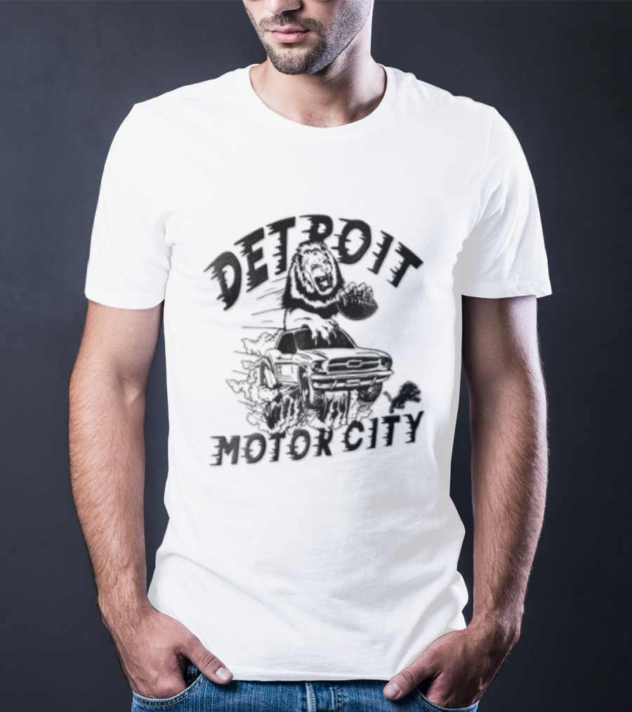 Detroit Lions Motor City Lion Holding Football Driving Car T-Shirt
