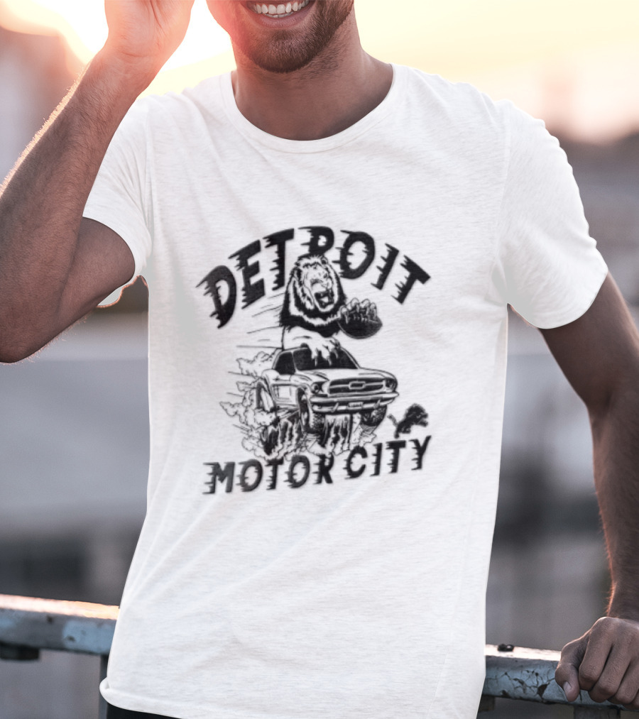 Detroit Lions Motor City Lion Holding Football Driving Car T-Shirt