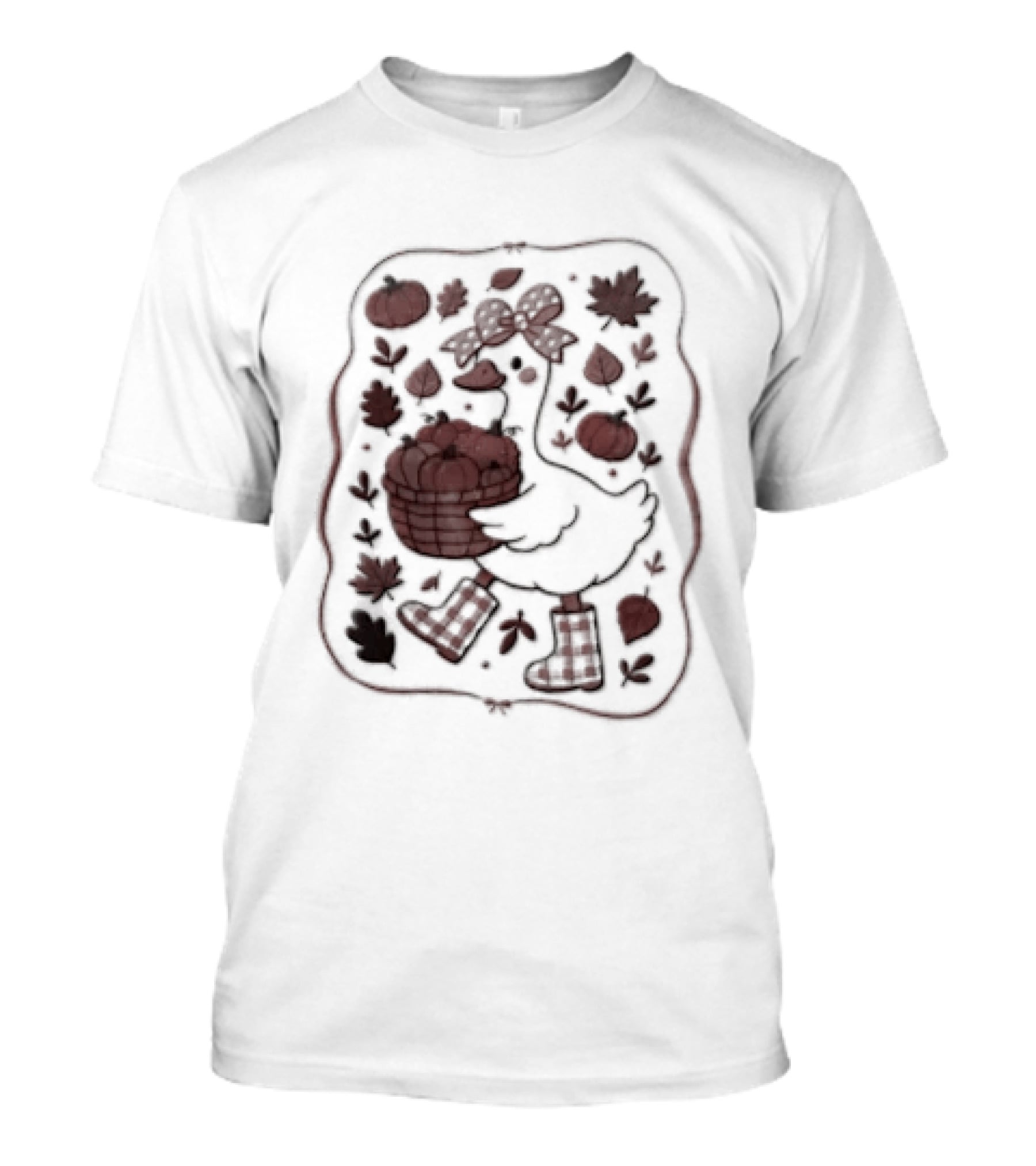 Goose Bow Rain Boots Basket Pumpkins Autumn Leaves T-Shirt
