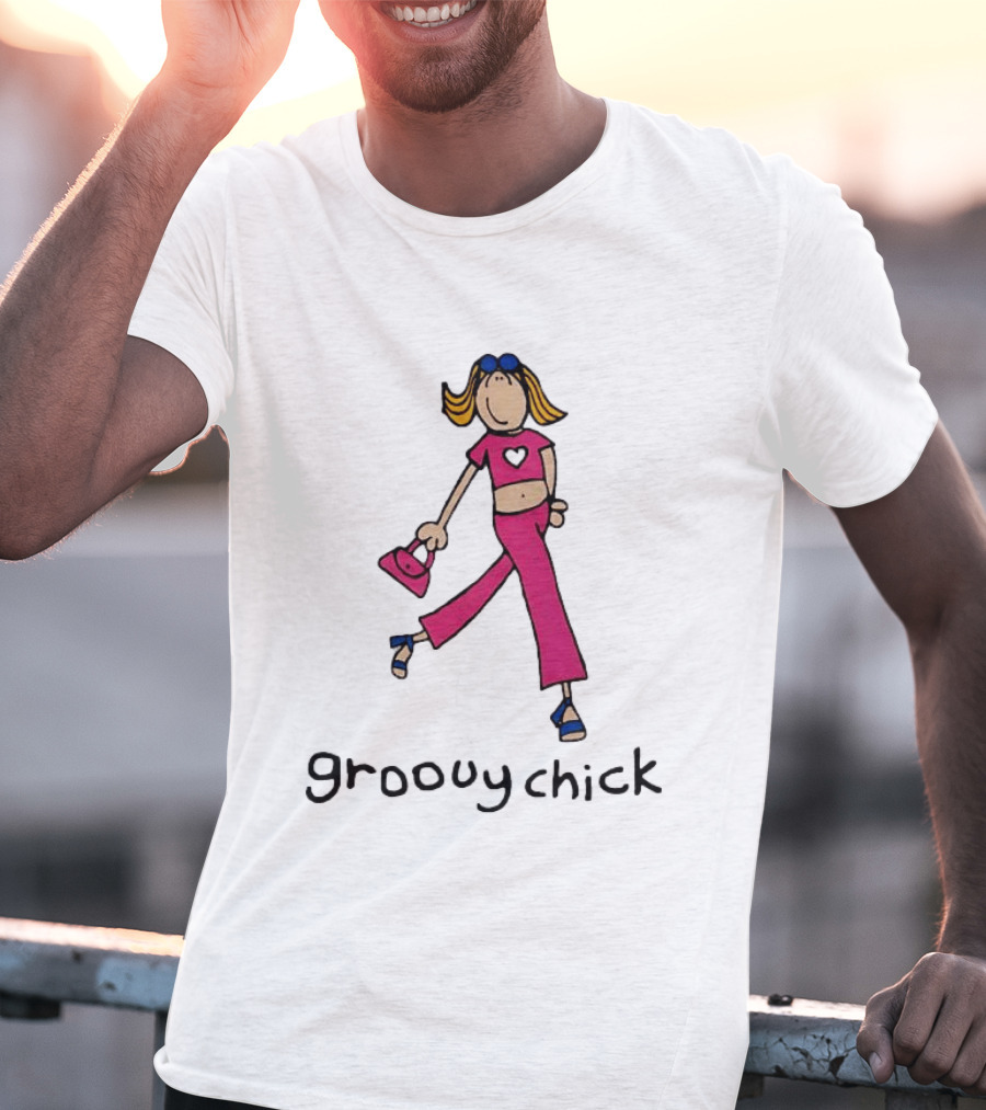 Groovy Chick Cartoon Character With Pink Heart Outfit And Bag T-Shirt