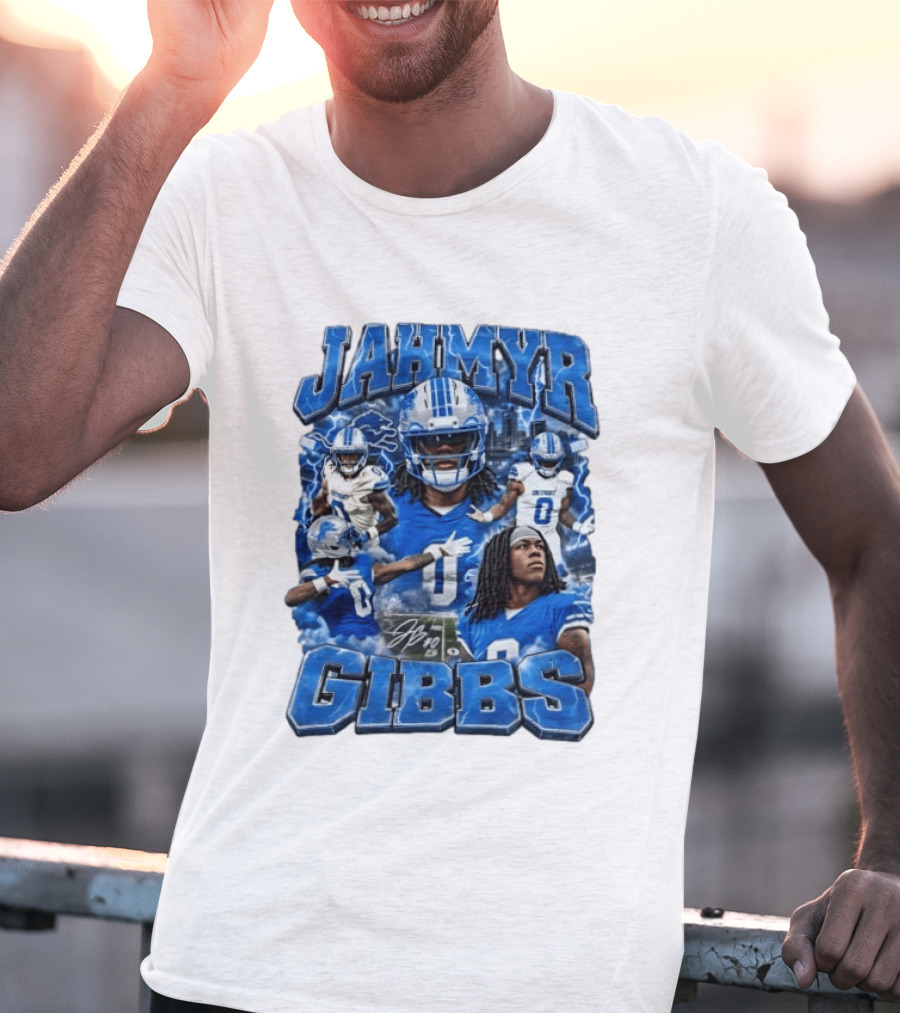 Jahmyr Gibbs Detroit Lions Blue Football T-Shirt