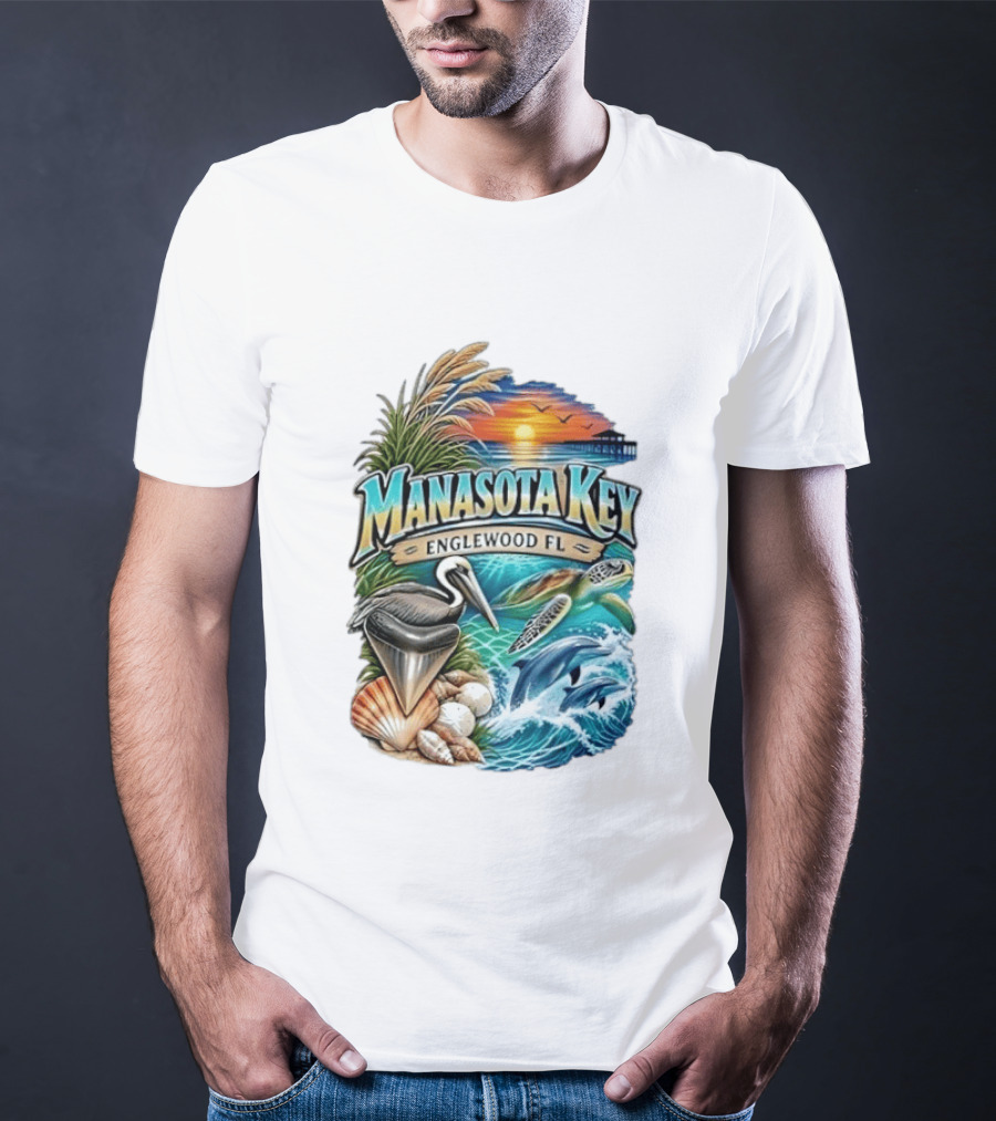 Manasota Key Englewood FL Beach Scene With Pelican Dolphins Shells And Sunset T-Shirt