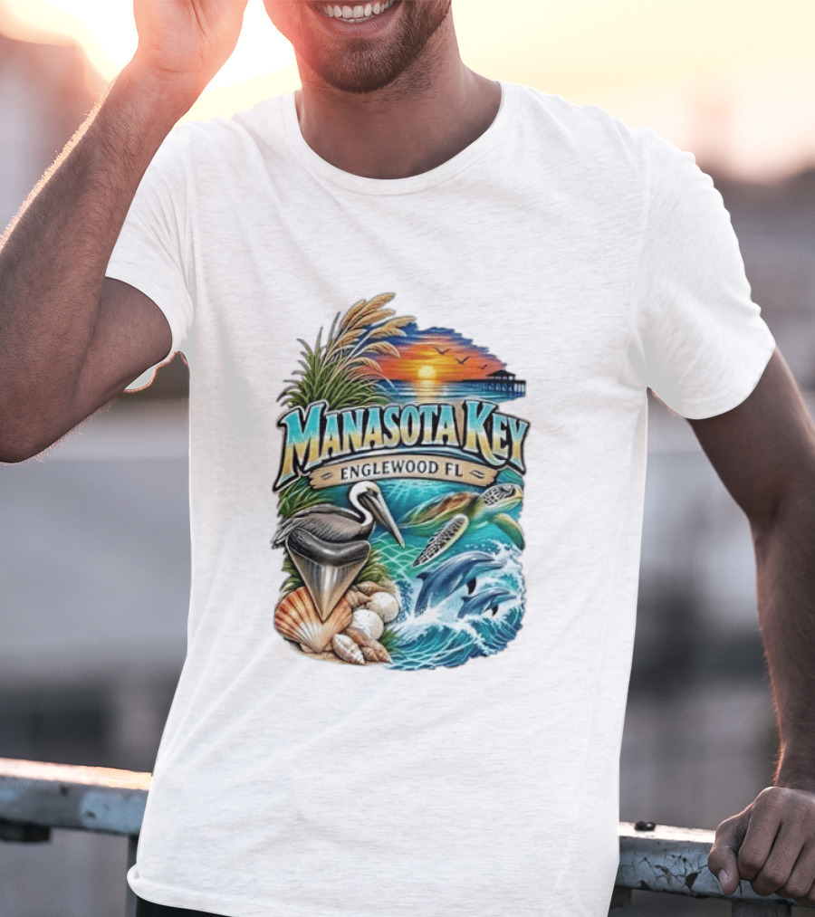 Manasota Key Englewood FL Beach Scene With Pelican Dolphins Shells And Sunset T-Shirt
