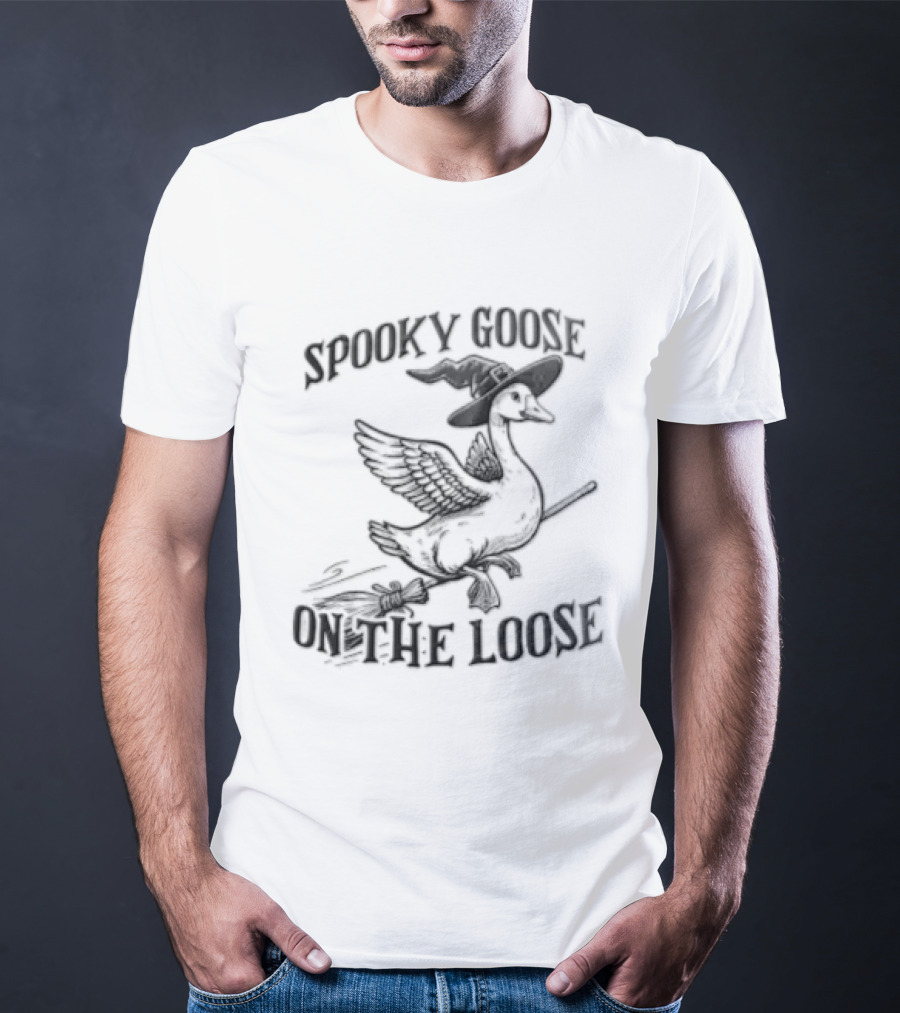 Spooky Goose On The Loose Halloween Witch Hat Broomstick T-Shirt
