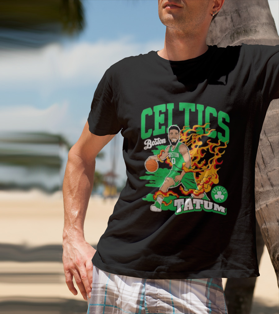 Boston Celtics Jayson Tatum Fired Up Basketball Flames T-Shirt