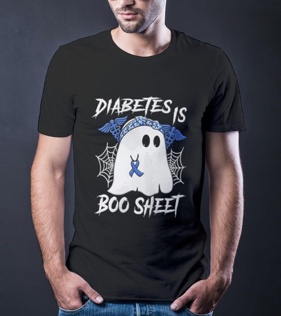 Diabetes IS BOO Sheet Ghost With Blue Ribbon Headband Halloween T-Shirt