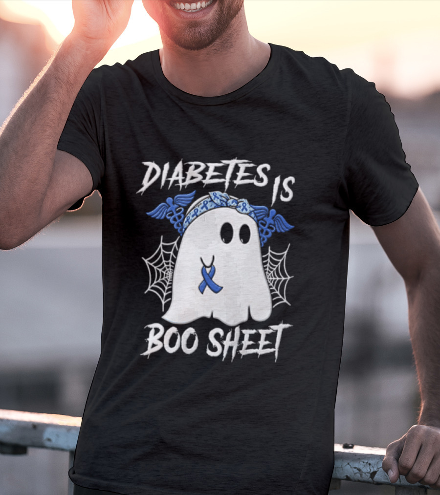 Diabetes IS BOO Sheet Ghost With Blue Ribbon Headband Halloween T-Shirt