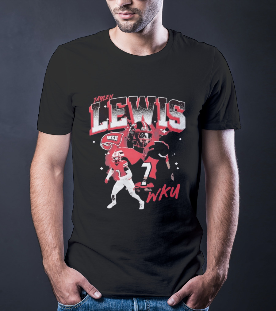Jaylen Lewis No 7 WKU Football Helmet And Player Action T-Shirt