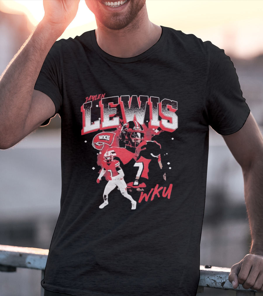 Jaylen Lewis No 7 WKU Football Helmet And Player Action T-Shirt