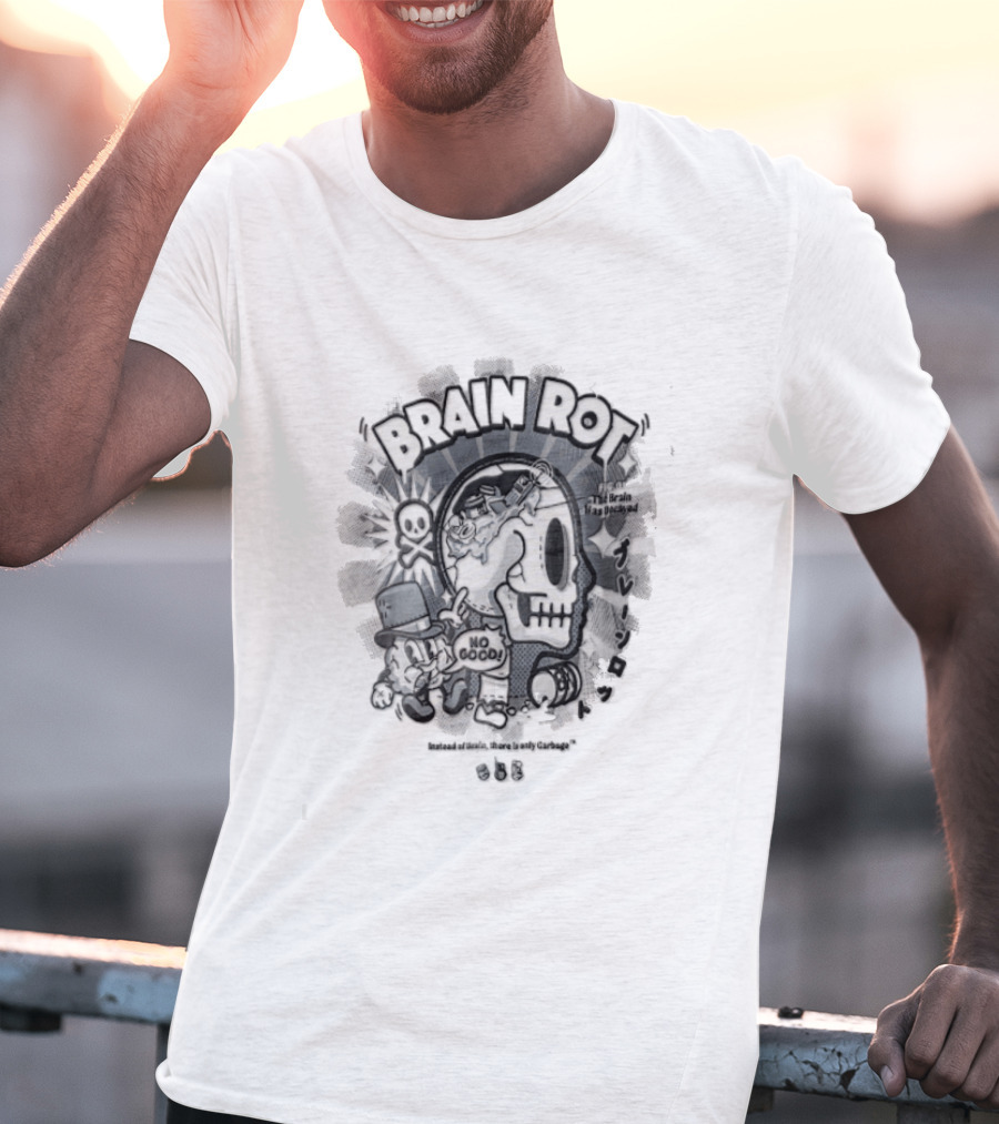 BRAIN ROT Skull Top Hat No Good Text Vintage Cartoon T-Shirt