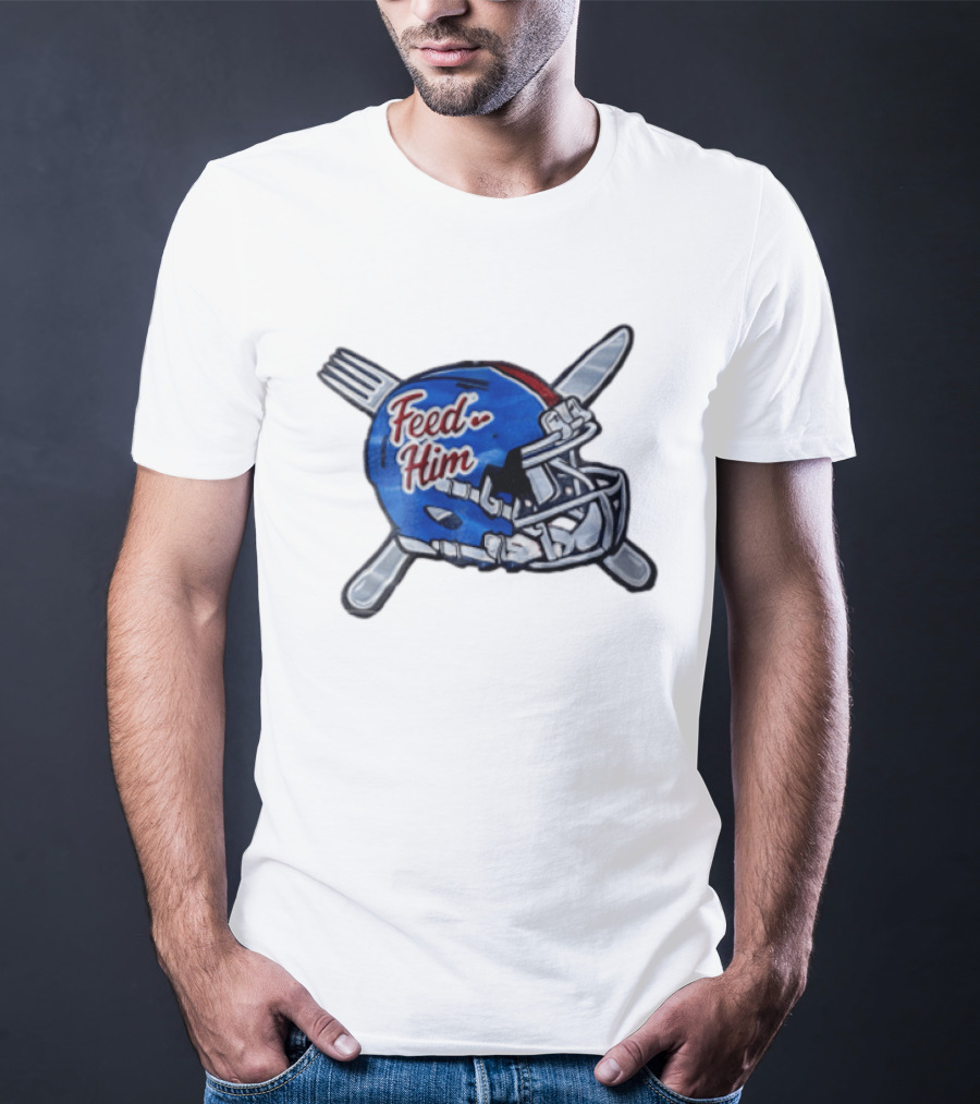 Feed Him Blue Football Helmet Crossed Utensils Fork Knife T-Shirt