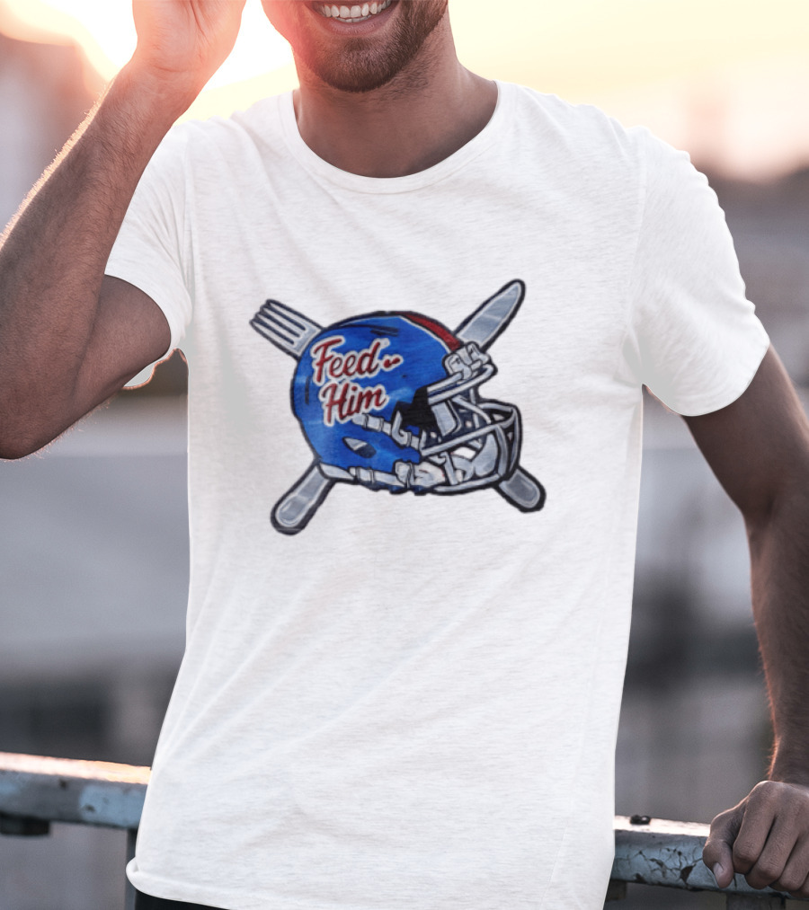 Feed Him Blue Football Helmet Crossed Utensils Fork Knife T-Shirt
