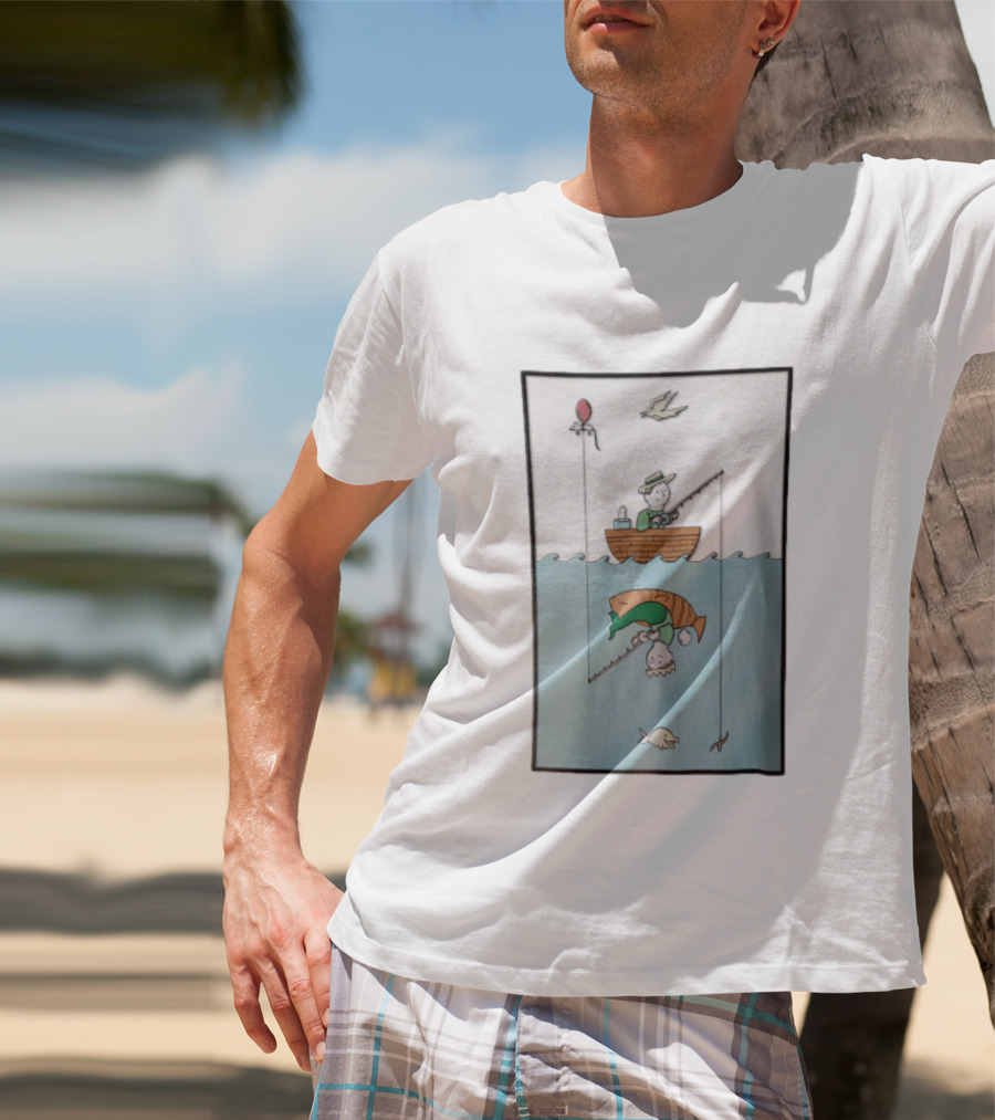 Fisherman In Boat Catching Hidden Mermaid With Fishing Line T-Shirt