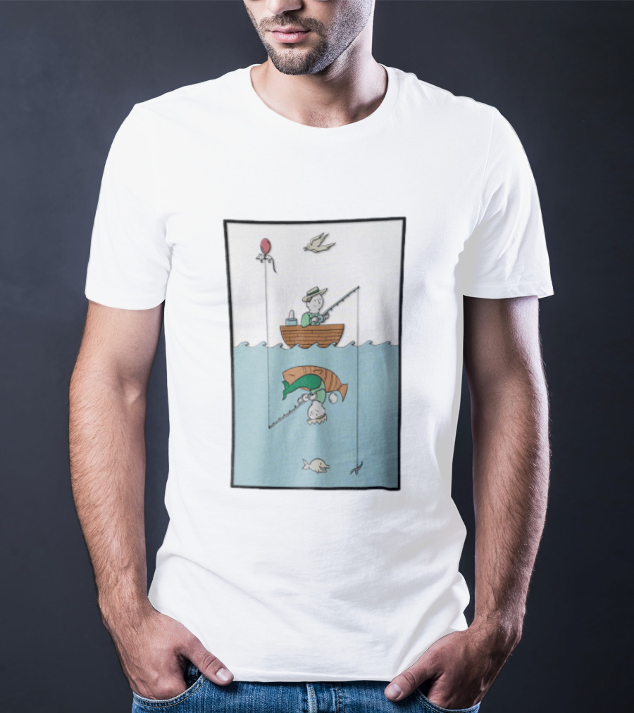 Fisherman In Boat Catching Hidden Mermaid With Fishing Line T-Shirt