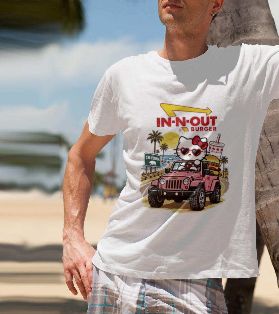 Hello Kitty In Pink Jeep With In N Out Burger California Adventure T-Shirt