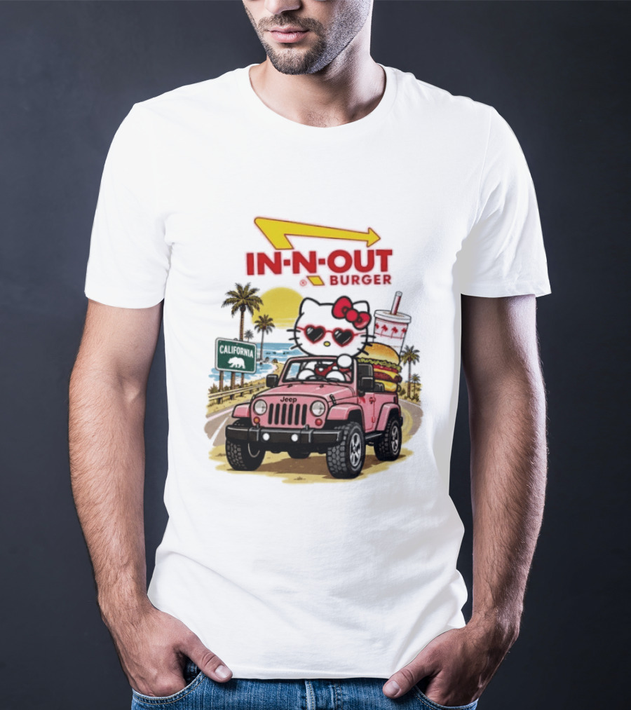 Hello Kitty In Pink Jeep With In N Out Burger California Adventure T-Shirt