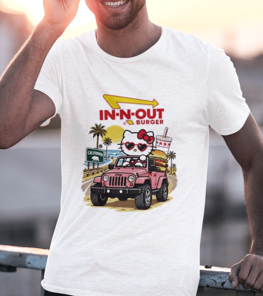 Hello Kitty In Pink Jeep With In N Out Burger California Adventure T-Shirt