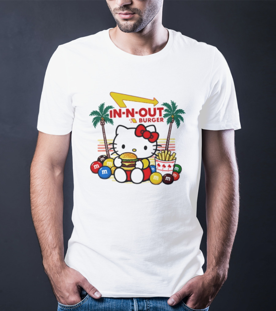 Hello Kitty Enjoying In N Out Burger Surrounded By M&Ms And Fries T-Shirt