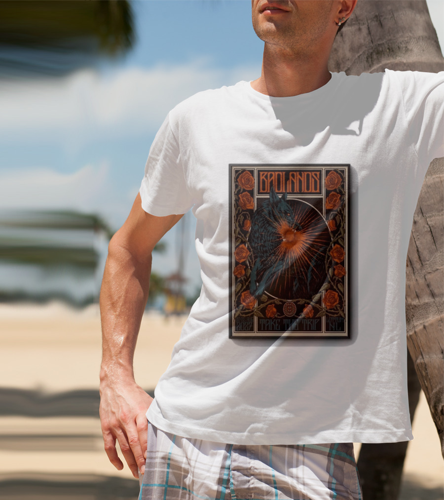 BADLANDS Festival Aug 20 22 2027 Take The Trip Stokterweg 14 Lottum Netherlands Retro Wolf And Roses T-Shirt