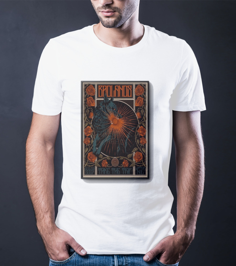 BADLANDS Festival Aug 20 22 2027 Take The Trip Stokterweg 14 Lottum Netherlands Retro Wolf And Roses T-Shirt