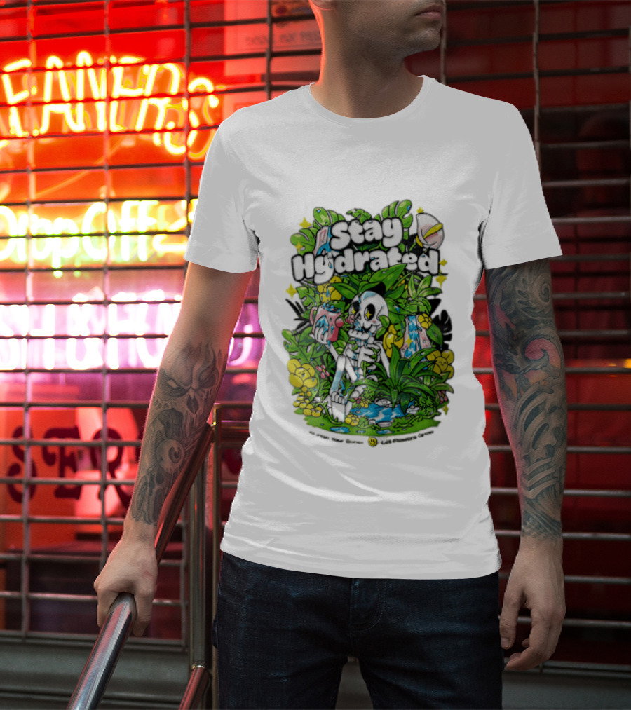 Stay Hydrated Quirky Skeleton Watering Lush Greenery And Flowers T-Shirt