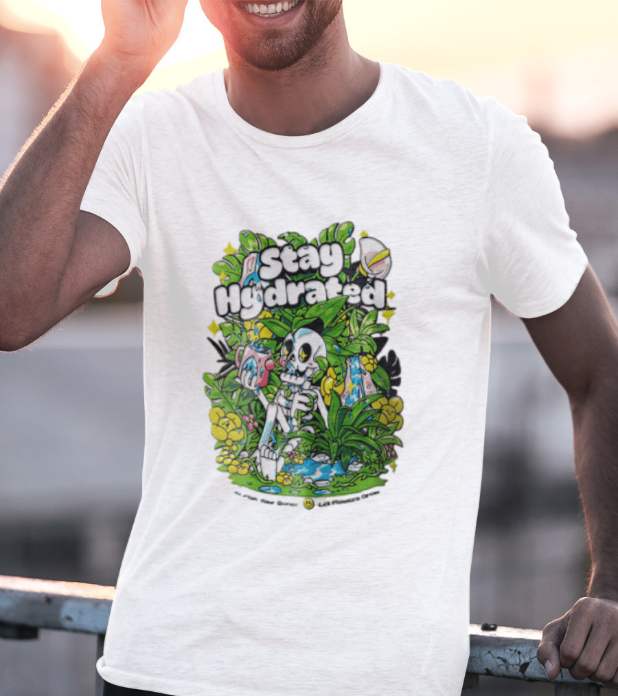 Stay Hydrated Quirky Skeleton Watering Lush Greenery And Flowers T-Shirt