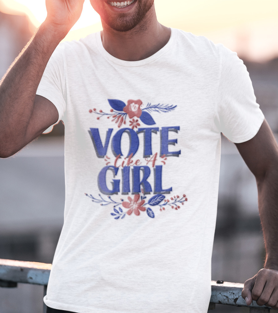 Vote Like A Girl Blue Red Pink Floral Accents T-Shirt
