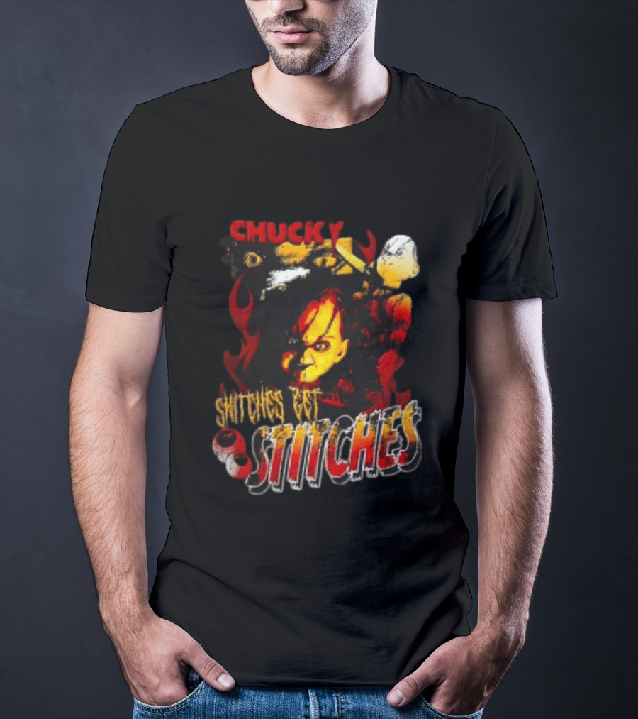 Chucky Snitches Get Stitches Horror Doll With Knife And Eyeballs T-Shirt