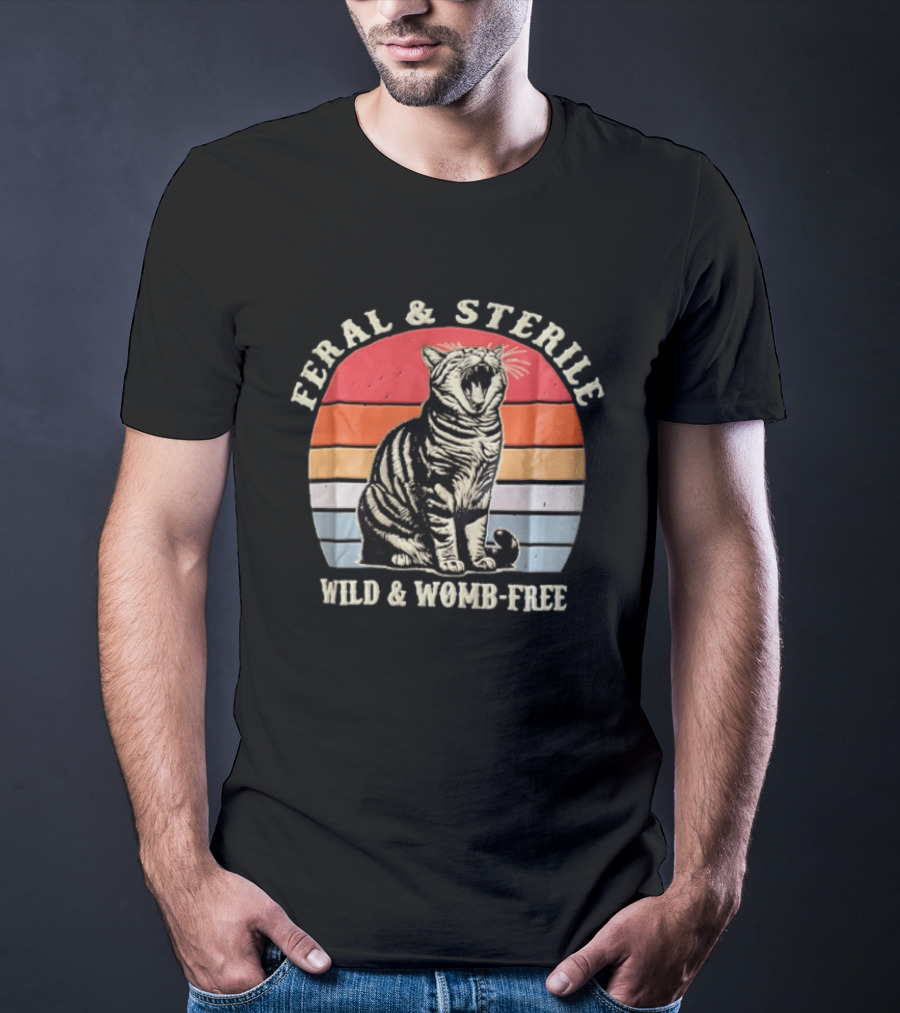 Feral And Sterile Yawning Tabby Cat Wild And Womb Free Sunset Stripes T-Shirt