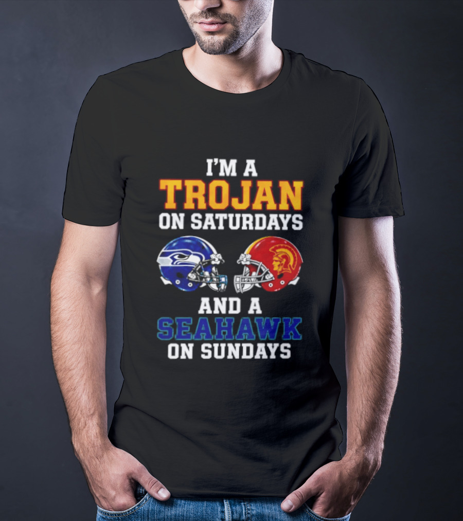 I'm A Trojan On Saturdays And A Seahawk On Sundays Football Helmets T-Shirt