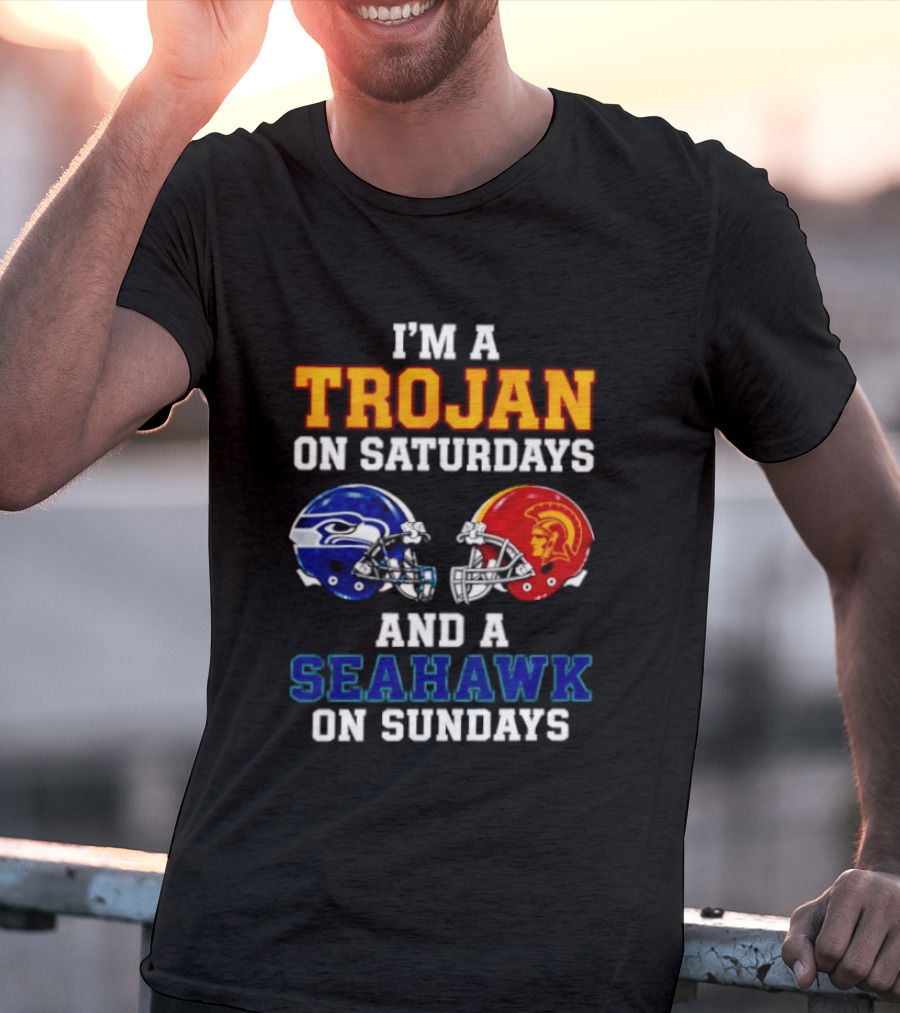 I'm A Trojan On Saturdays And A Seahawk On Sundays Football Helmets T-Shirt