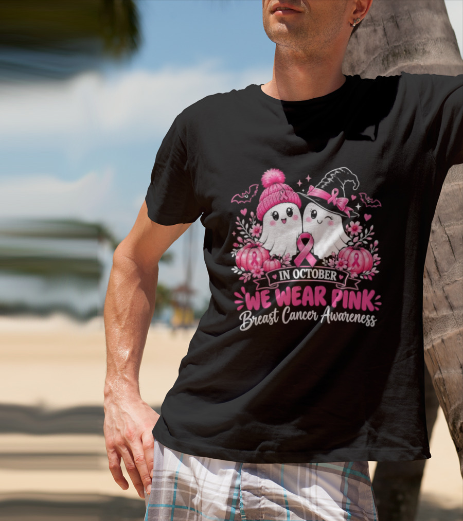 In October We Wear Pink Breast Cancer Awareness Ghost Pumpkin Witch T-Shirt