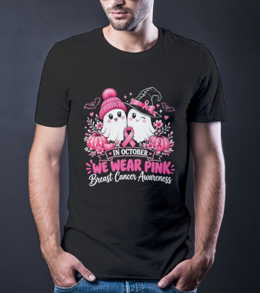 In October We Wear Pink Breast Cancer Awareness Ghost Pumpkin Witch T-Shirt