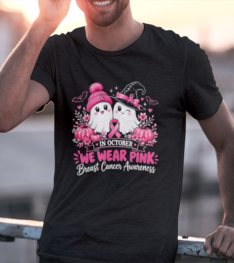 In October We Wear Pink Breast Cancer Awareness Ghost Pumpkin Witch T-Shirt
