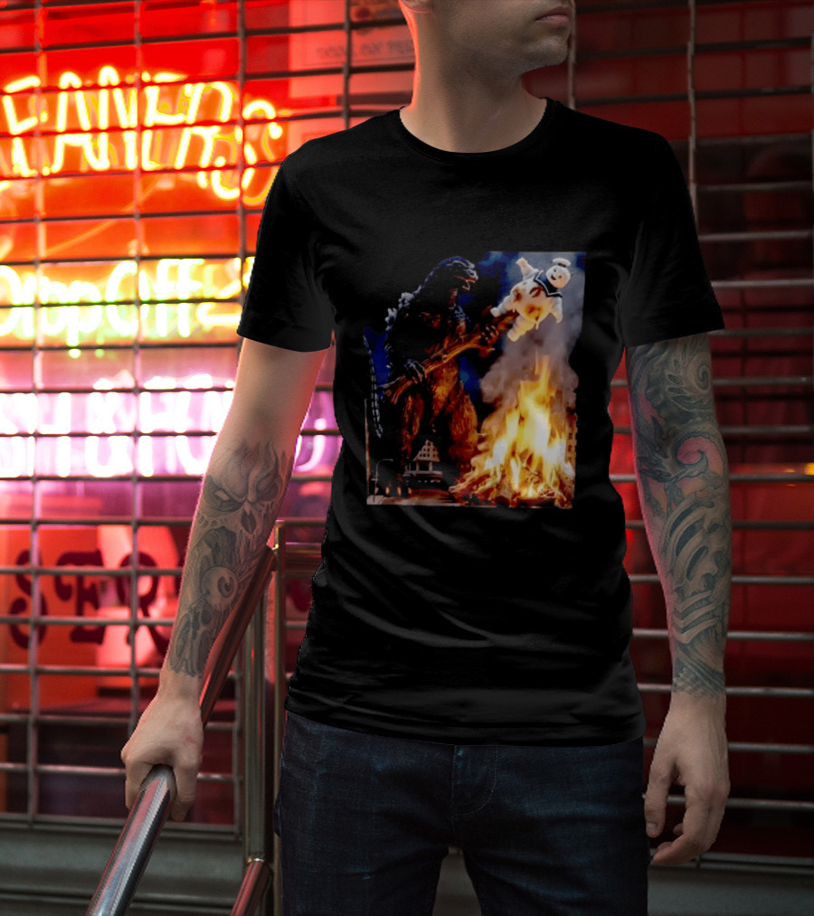 Kaiju Campfire Godzilla Holding Stay Puft Marshmallow Man T-Shirt