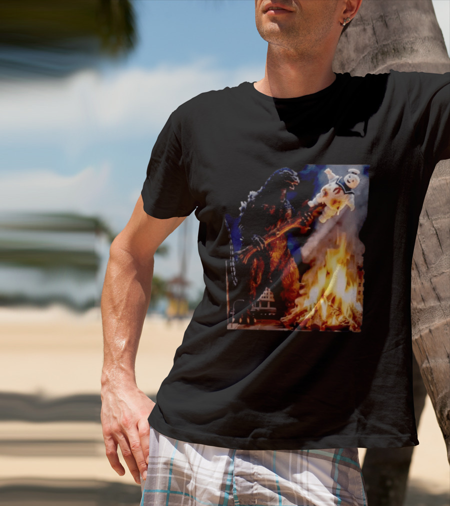 Kaiju Campfire Godzilla Holding Stay Puft Marshmallow Man T-Shirt