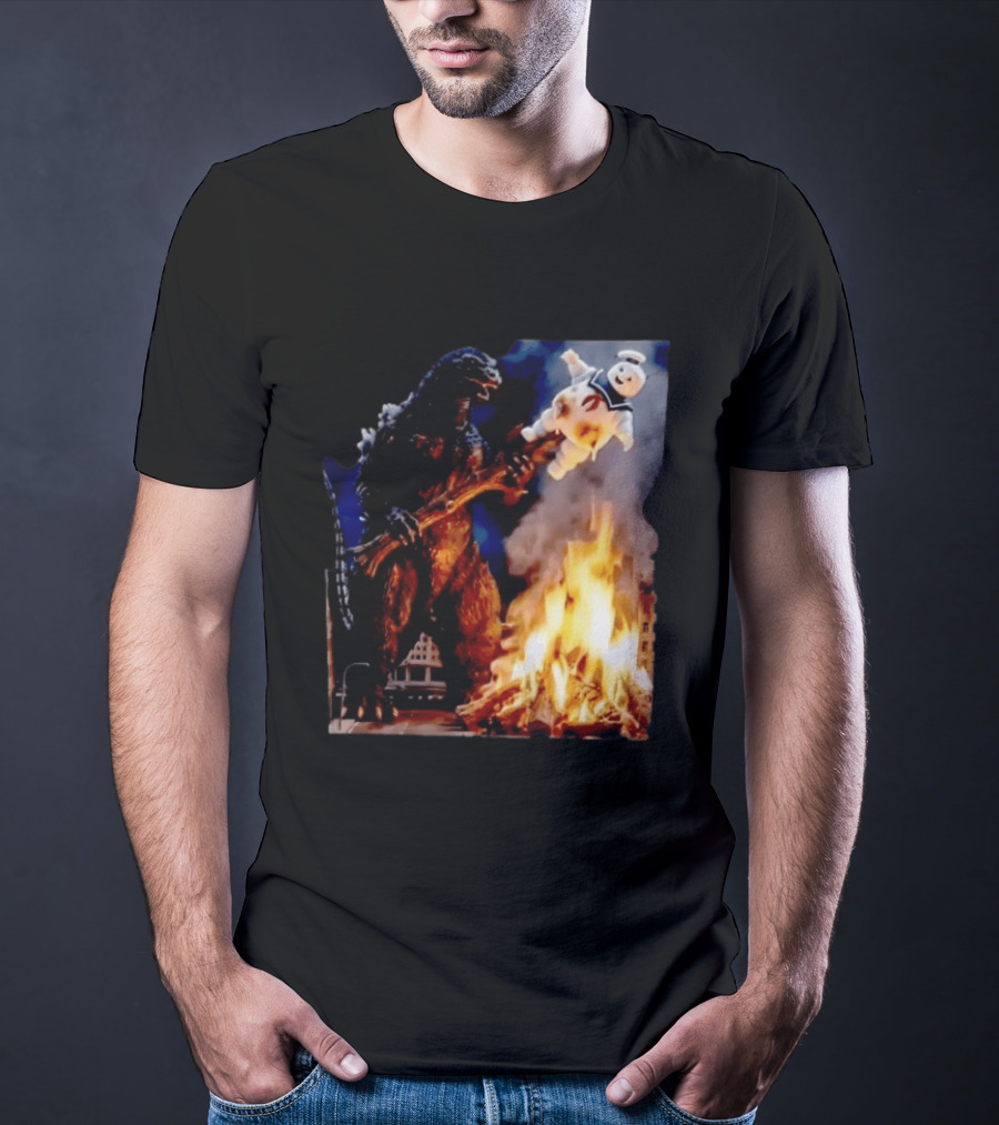 Kaiju Campfire Godzilla Holding Stay Puft Marshmallow Man T-Shirt